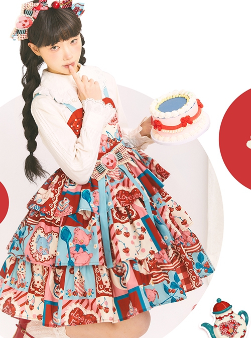 Cherry Bear Series Jsk Cute Three Section Cake Hem Sweet Printed High Waist Lolita Sleeveless Dress