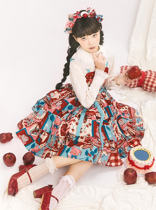 Cherry Bear Series Jsk Cute Three Section Cake Hem Sweet Printed High Waist Lolita Sleeveless Dress