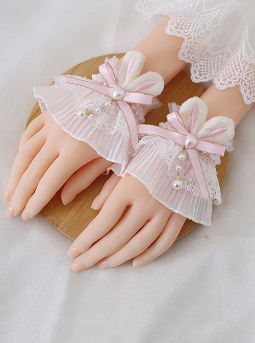 Soft Cute Light Color Bunny Ears Pearl Sweet Lolita Lace Sleeves Decorative Wristband