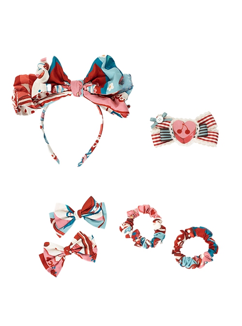 Cherry Bear Series Sweet Cute Bowknots Headband Hair Clip Scrunchie Heart Shape Lace Brooch Accessories Set