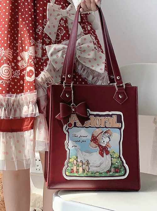 Forest Illustration Series Cute Animal Printed Bowknot Shoulder Cross Body Large Capacity Lolita Tote Bag