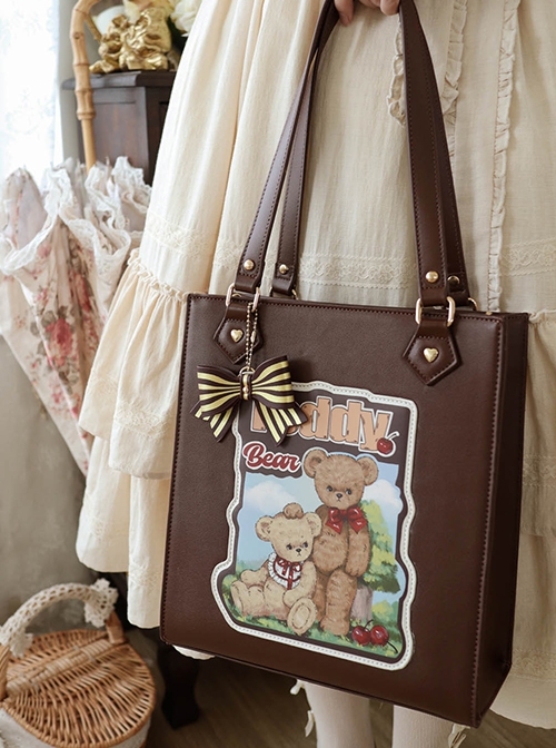 Forest Illustration Series Cute Animal Printed Bowknot Shoulder Cross Body Large Capacity Lolita Tote Bag