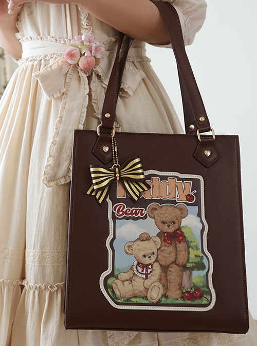 Forest Illustration Series Cute Animal Printed Bowknot Shoulder Cross Body Large Capacity Lolita Tote Bag