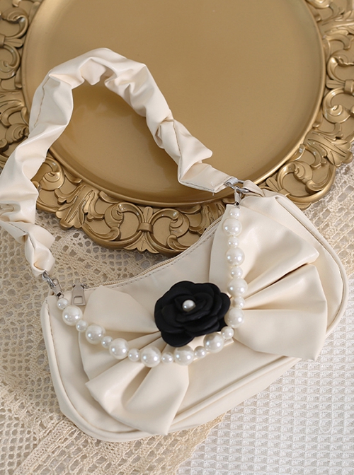 Gentle Elegant French Camellia Dark Style Pearl Chain Shoulder Handheld Versatile Lolita Bag