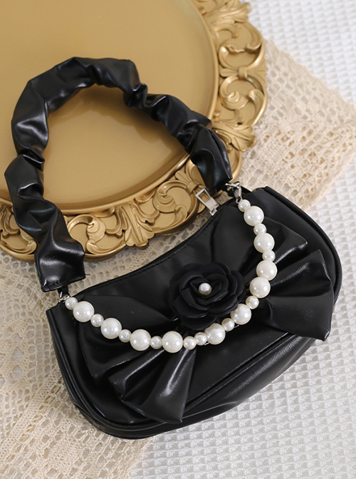 Gentle Elegant French Camellia Dark Style Pearl Chain Shoulder Handheld Versatile Lolita Bag