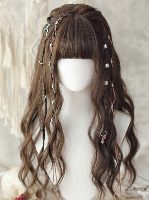 Manual Daily Flat Bangs Light Tea Brown Romantic Elf Fairy Long Curly Hair Classic Lolita Full Head Wig