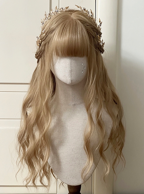 Manual Daily Flat Bangs Light Tea Brown Romantic Elf Fairy Long Curly Hair Classic Lolita Full Head Wig