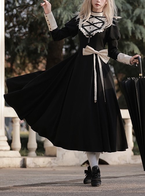Twilight Mail Series White Ruffled Edge Splicing Black Big Hem Bowknot Classic Lolita Juliet Sleeves Dress