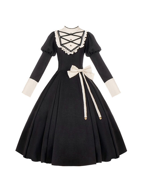 Twilight Mail Series White Ruffled Edge Splicing Black Big Hem Bowknot Classic Lolita Juliet Sleeves Dress