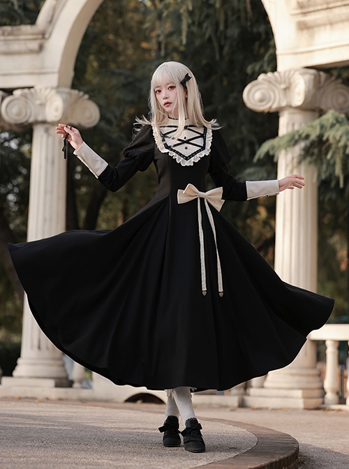 Twilight Mail Series White Ruffled Edge Splicing Black Big Hem Bowknot Classic Lolita Juliet Sleeves Dress