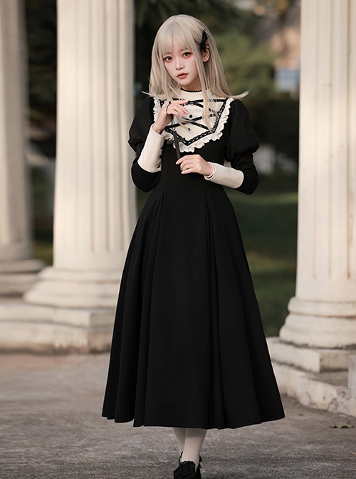 Twilight Mail Series White Ruffled Edge Splicing Black Big Hem Bowknot Classic Lolita Juliet Sleeves Dress