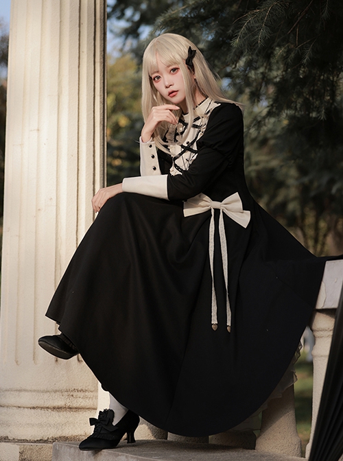 Twilight Mail Series White Ruffled Edge Splicing Black Big Hem Bowknot Classic Lolita Juliet Sleeves Dress