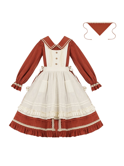 Makino Song Series Jujube Red Core Velvet Lotus Border Apricot Apron Scarf Classic Lolita Cute Puff Sleeves Dress Set