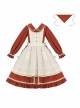 Makino Song Series Jujube Red Core Velvet Lotus Border Apricot Apron Scarf Classic Lolita Cute Puff Sleeves Dress Set