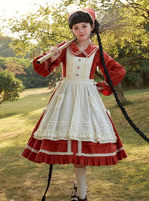 Makino Song Series Jujube Red Core Velvet Lotus Border Apricot Apron Scarf Classic Lolita Cute Puff Sleeves Dress Set