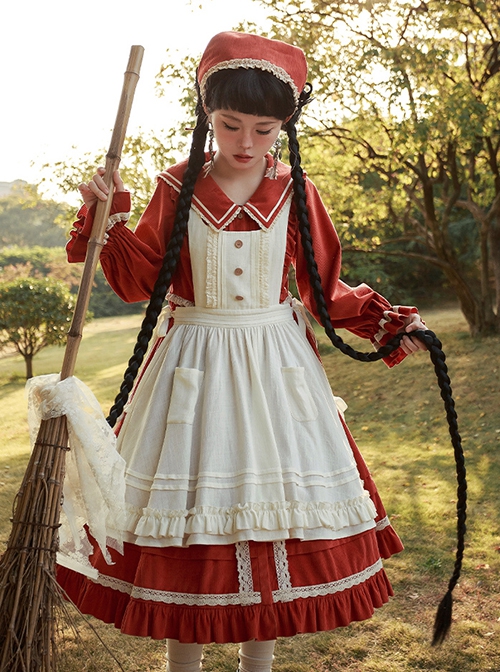 Makino Song Series Jujube Red Core Velvet Lotus Border Apricot Apron Scarf Classic Lolita Cute Puff Sleeves Dress Set