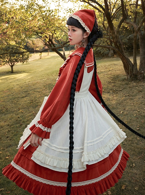 Makino Song Series Jujube Red Core Velvet Lotus Border Apricot Apron Scarf Classic Lolita Cute Puff Sleeves Dress Set