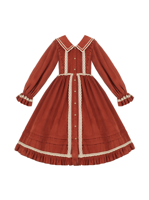 Makino Song Series Jujube Red Core Velvet Lotus Border Apricot Apron Scarf Classic Lolita Cute Puff Sleeves Dress Set