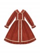 Makino Song Series Jujube Red Core Velvet Lotus Border Apricot Apron Scarf Classic Lolita Cute Puff Sleeves Dress Set