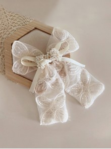 Fairy Wedding Petal Sequin Mesh Ribbon Apricot Pearl Large Bowknot Classic Lolita Press Hairpin