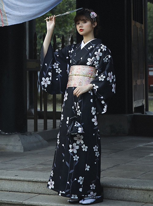 Japanese Style Formal Wear Black Cherry Blossoms Traditional Pattern Improved Festive Costumes Kimono Yukata