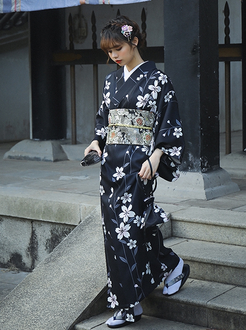 Japanese Style Formal Wear Black Cherry Blossoms Traditional Pattern Improved Festive Costumes Kimono Yukata