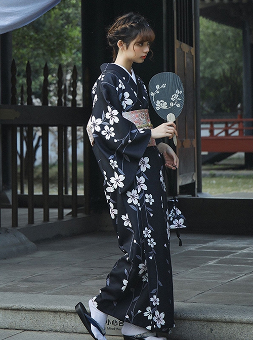 Japanese Style Formal Wear Black Cherry Blossoms Traditional Pattern Improved Festive Costumes Kimono Yukata