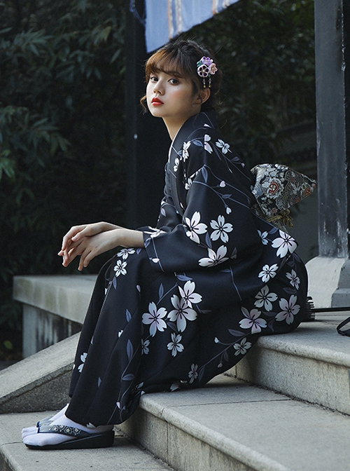 Japanese Style Formal Wear Black Cherry Blossoms Traditional Pattern Improved Festive Costumes Kimono Yukata