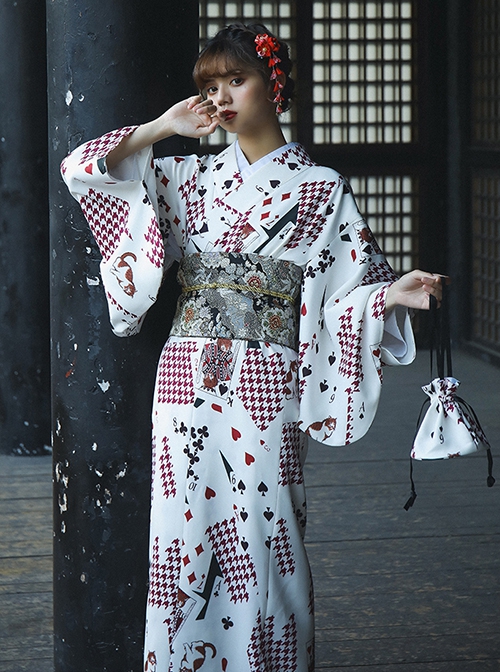 Japanese Style Halloween Playing Card Pattern Festive Costumes Formal Female Yukata Improved Kimono