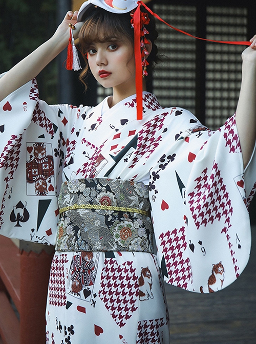 Japanese Style Halloween Playing Card Pattern Festive Costumes Formal Female Yukata Improved Kimono