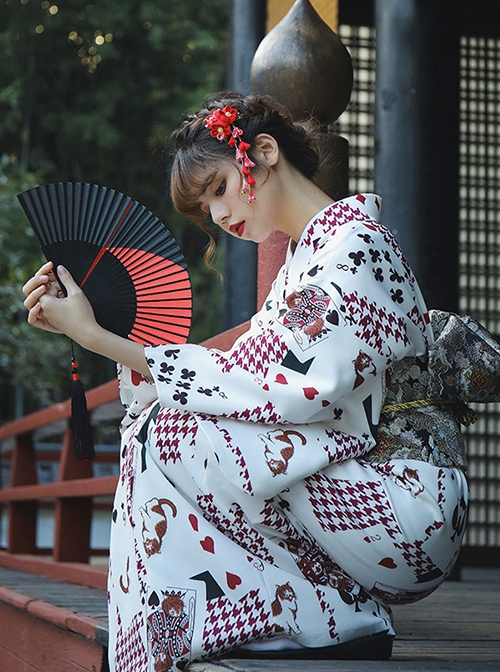 Japanese Style Halloween Playing Card Pattern Festive Costumes Formal Female Yukata Improved Kimono