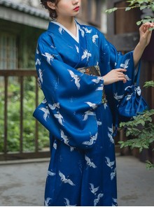 Japanese Style Female Deep Blue Cranes Retro Classics Artistic Traditions Festive Costumes Formal Yukata Improved Kimono