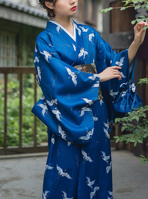 Japanese Style Female Deep Blue Cranes Retro Classics Artistic Traditions Festive Costumes Formal Yukata Improved Kimono