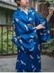 Japanese Style Female Deep Blue Cranes Retro Classics Artistic Traditions Festive Costumes Formal Yukata Improved Kimono