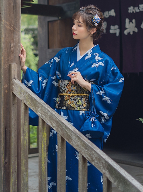 Japanese Style Female Deep Blue Cranes Retro Classics Artistic Traditions Festive Costumes Formal Yukata Improved Kimono