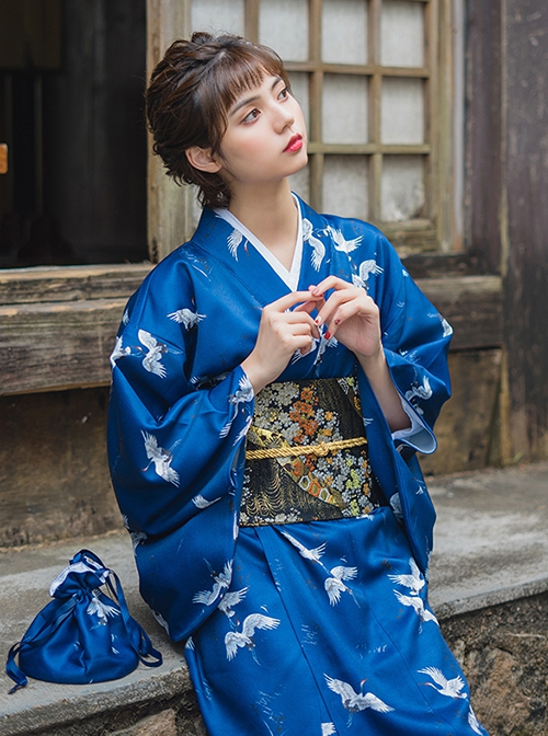 Japanese Style Female Deep Blue Cranes Retro Classics Artistic Traditions Festive Costumes Formal Yukata Improved Kimono