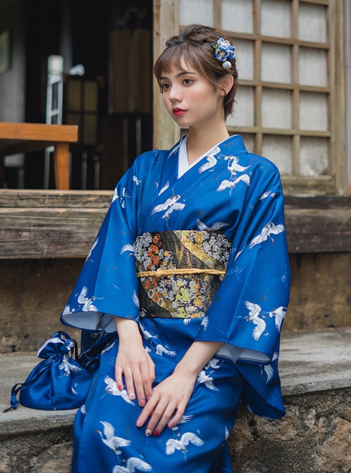 Japanese Style Female Deep Blue Cranes Retro Classics Artistic Traditions Festive Costumes Formal Yukata Improved Kimono