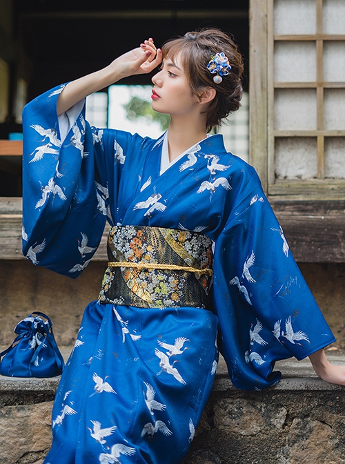 Japanese Style Female Deep Blue Cranes Retro Classics Artistic Traditions Festive Costumes Formal Yukata Improved Kimono