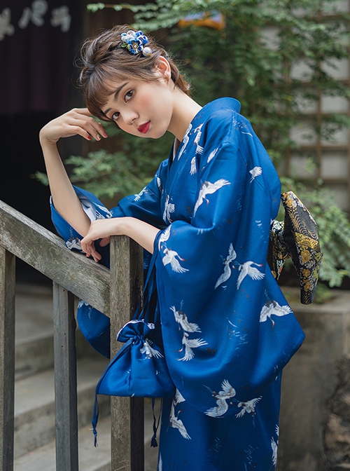 Japanese Style Female Deep Blue Cranes Retro Classics Artistic Traditions Festive Costumes Formal Yukata Improved Kimono