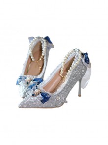 Gorgeous Silver Shiny Pointed Toe Bridal Bowknot Pearl Stiletto Heel Palace Style Elegant Lolita Shoes