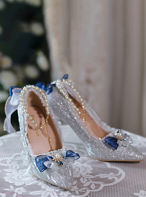 Gorgeous Silver Shiny Pointed Toe Bridal Bowknot Pearl Stiletto Heel Palace Style Elegant Lolita Shoes