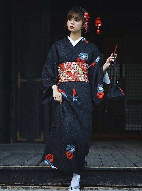 Dark Black Halloween Red Black Festive Costumes Traditional Pattern Classic Elegant Japanese Style Kimono