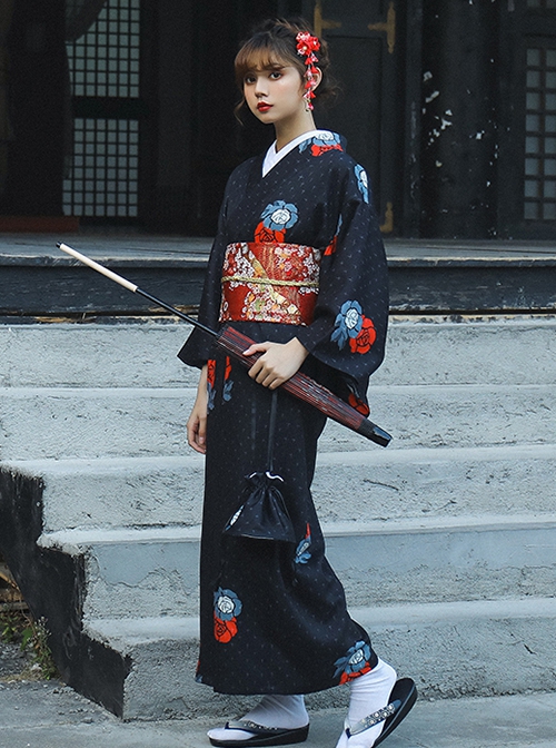 Dark Black Halloween Red Black Festive Costumes Traditional Pattern Classic Elegant Japanese Style Kimono