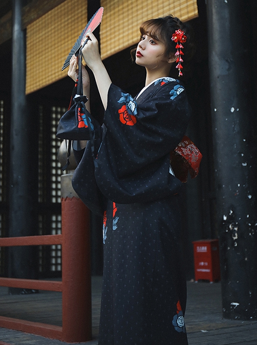 Dark Black Halloween Red Black Festive Costumes Traditional Pattern Classic Elegant Japanese Style Kimono