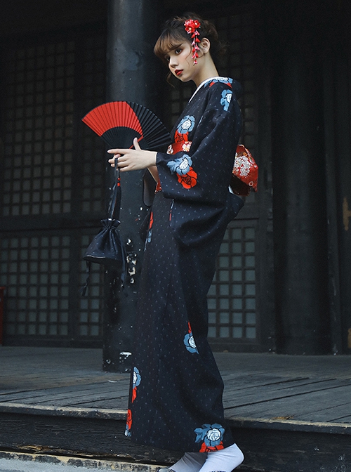 Dark Black Halloween Red Black Festive Costumes Traditional Pattern Classic Elegant Japanese Style Kimono