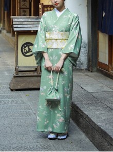 Matcha Green Elegant Japanese Style Immortal Maiden Classic Flower Pattern Improved Kimono Yukata