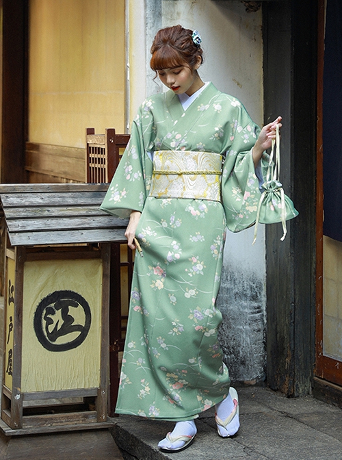 Matcha Green Elegant Japanese Style Immortal Maiden Classic Flower Pattern Improved Kimono Yukata