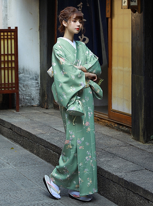 Matcha Green Elegant Japanese Style Immortal Maiden Classic Flower Pattern Improved Kimono Yukata