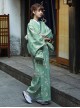 Matcha Green Elegant Japanese Style Immortal Maiden Classic Flower Pattern Improved Kimono Yukata