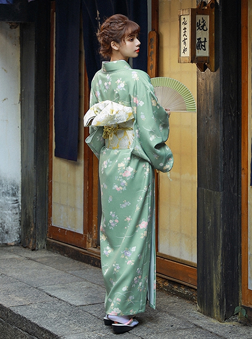 Matcha Green Elegant Japanese Style Immortal Maiden Classic Flower Pattern Improved Kimono Yukata